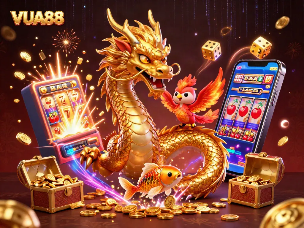 VUA88 - Experience thrilling online slots and casino games in a vibrant 3D illustration.