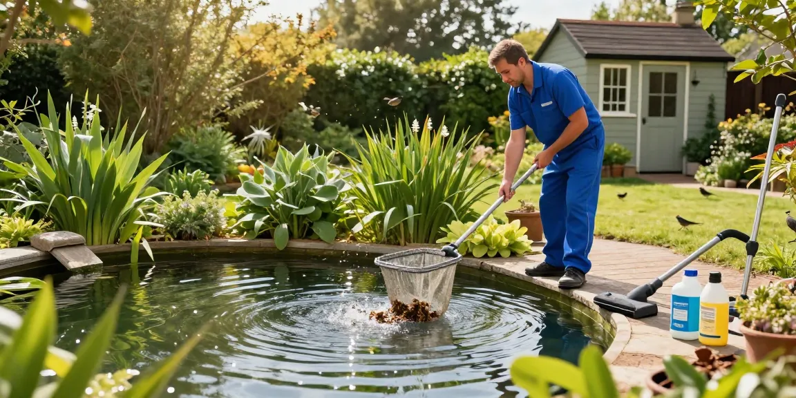 Pond Clean Essex service: professional cleaner removing debris from a serene garden pond surrounded by lush greenery.