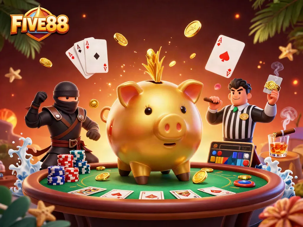 Join the action at FIVE88 with vibrant characters, cards, and coins in a lively casino scene.