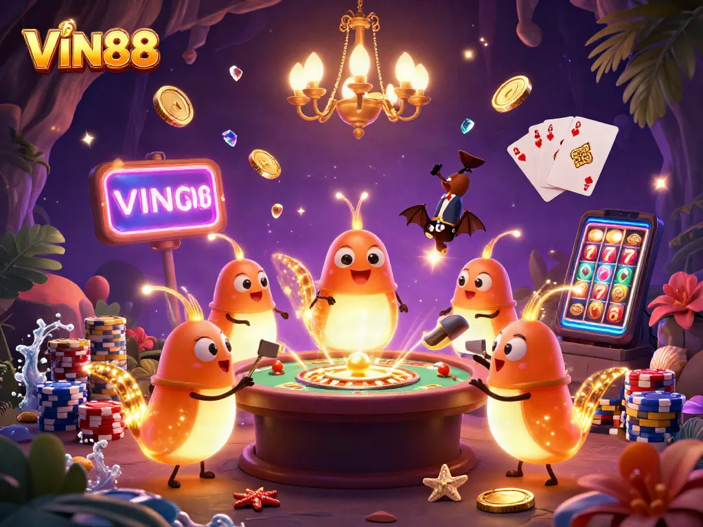 Experience thrilling gameplay at VIN88 with a vibrant cartoon casino scene showcasing colorful chips and jackpot elements.
