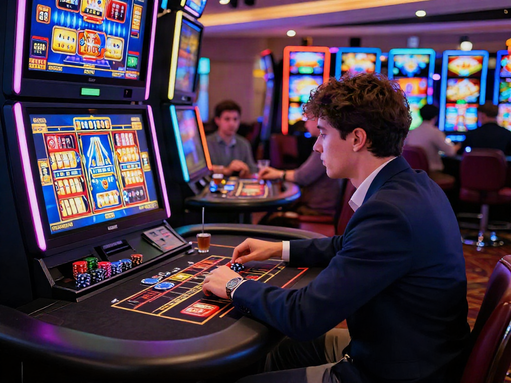 Engaged player at bro138 slot login link alternatif game in a lively casino environment
