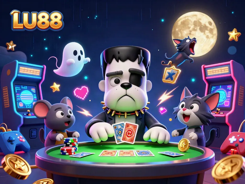 Engage with LU88's vibrant casino scene featuring a Frankenstein bulldog dealing cards.