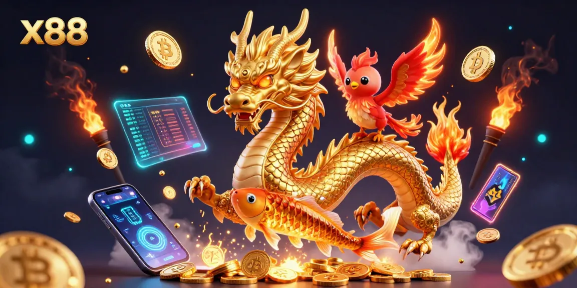 x88 Casino showcases a vibrant scene with a golden dragon and phoenix amidst coins, symbolizing rich gaming.
