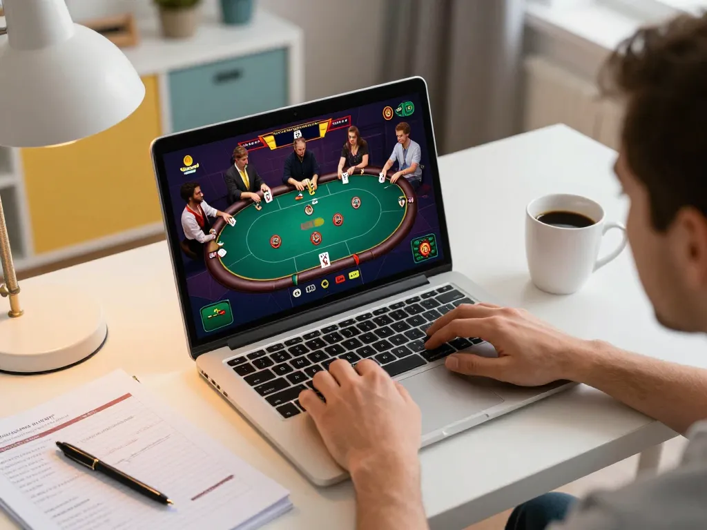 F168 online poker game showcasing players, dynamic betting interface, cozy home office.