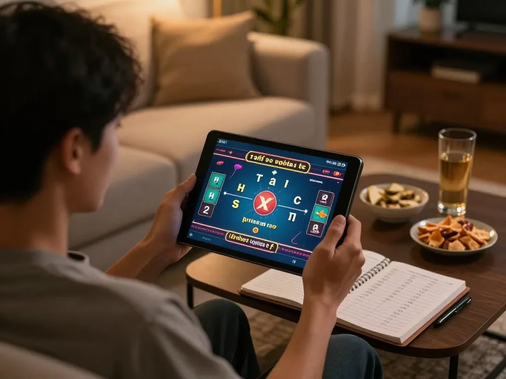 Tài xỉu online uy tín gameplay on tablet in a cozy home setting, showcasing focused player engagement with warm ambiance.