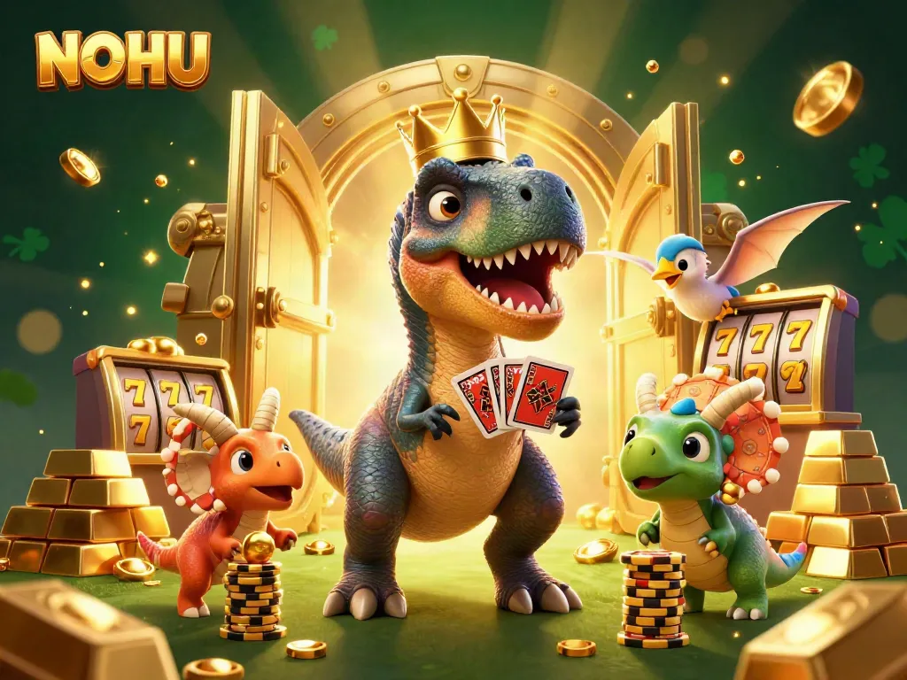 Engage in thrilling spin-offs at NOHU as dinosaurs shuffle cards and stack chips in immersive casino art.