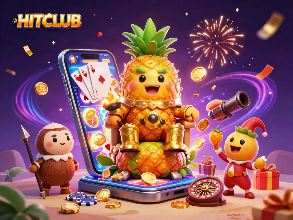 HITCLUB brings fun to life in a vibrant casino scene with the pineapple king, slot games, and celebration elements.