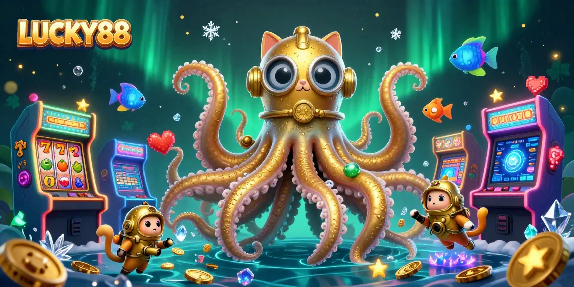 Experience the excitement of LUCKY88 with a dynamic scene of a 3D cartoon kraken, diving cat and dazzling slot elements.