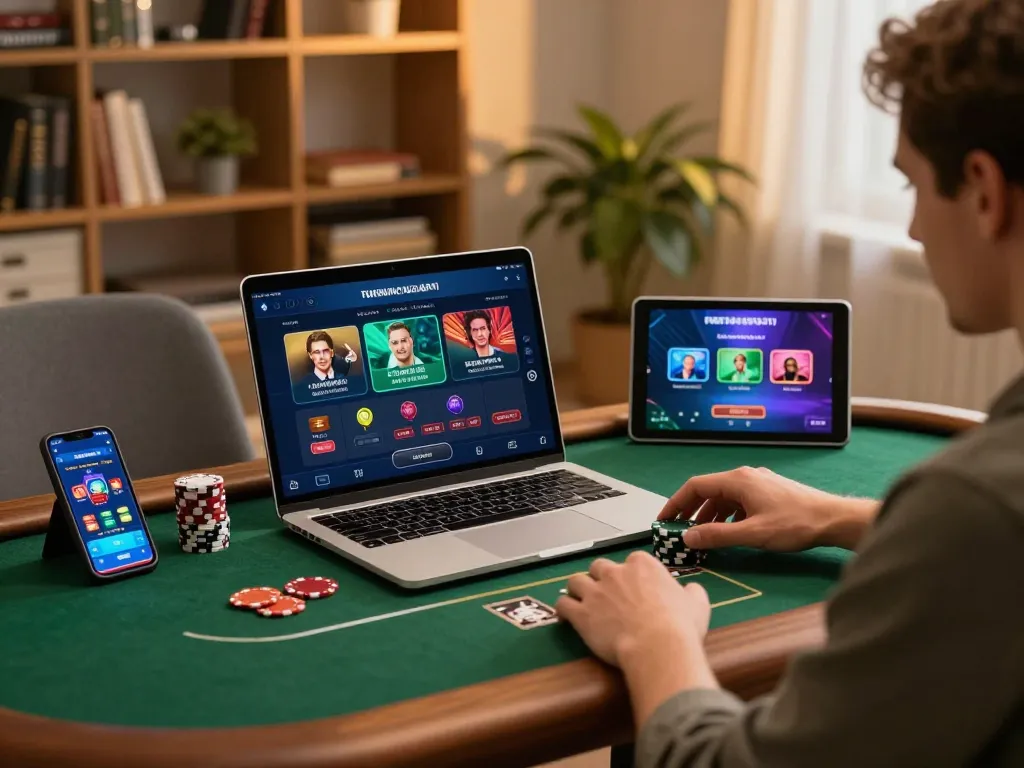 Engaging player analyzing strategies for casinò online europei during a cozy home gaming session.