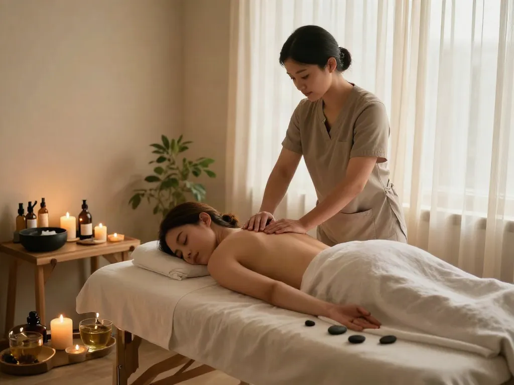 송파출장마사지 in a calming studio featuring a therapist, client, candles, and essential oils.