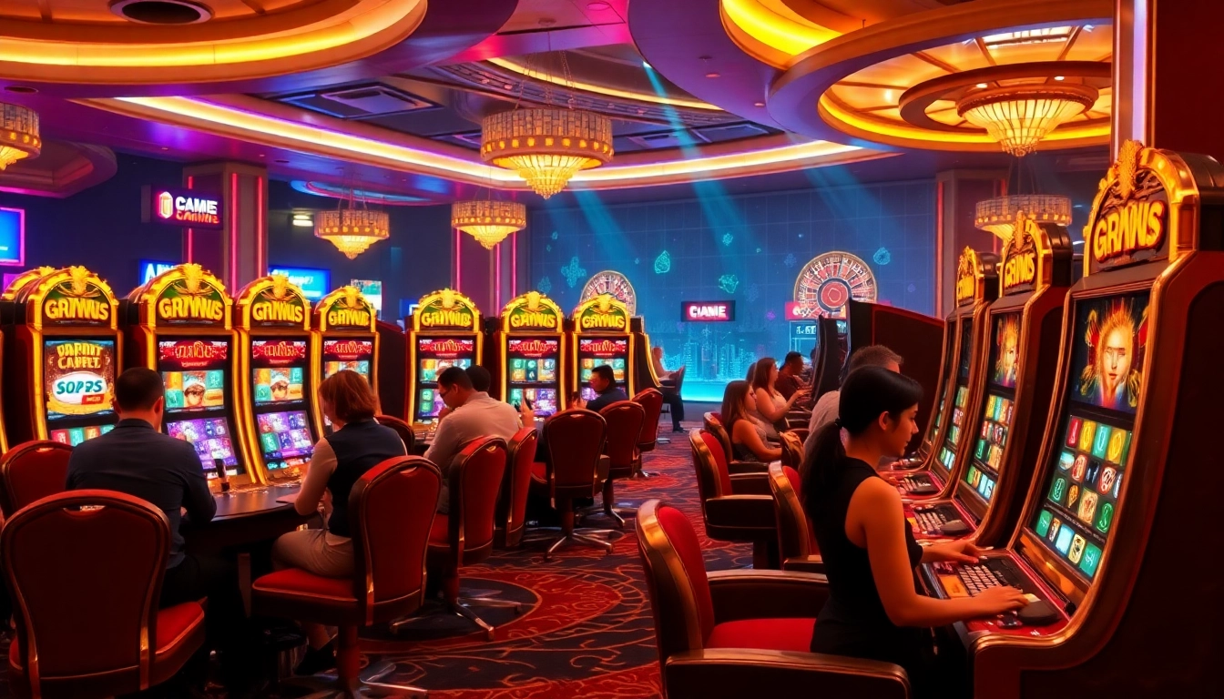 Players enjoying slot pragmatic play games amidst a lively casino atmosphere with colorful machines.
