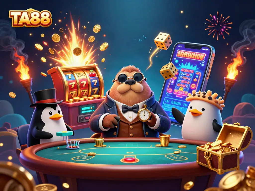 Experience excitement at TA88 with a jolly walrus at the poker table amidst vibrant casino action and rewards.