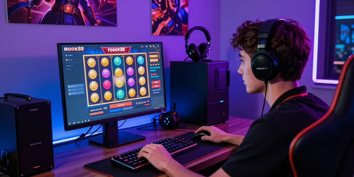 Engaging scene of user with rokok88 slot login on gaming desktop, showcasing vibrant slot graphics and gaming setup.