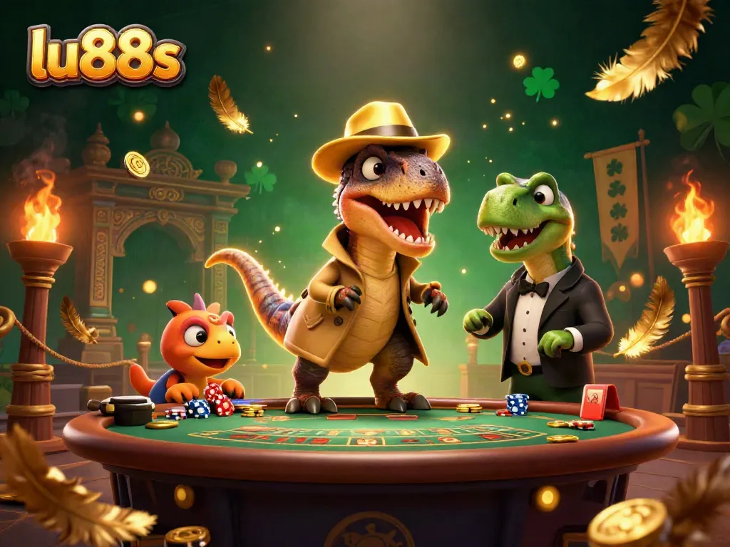 lu88s showcases a velociraptor card counter at blackjack, surrounded by vibrant casino action.