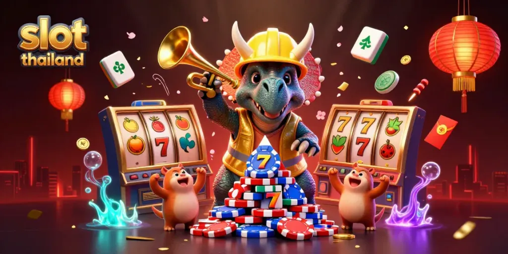 Celebrate winning at slot thailand in a vibrant casino scene with cartoon dinosaurs and colorful game elements.