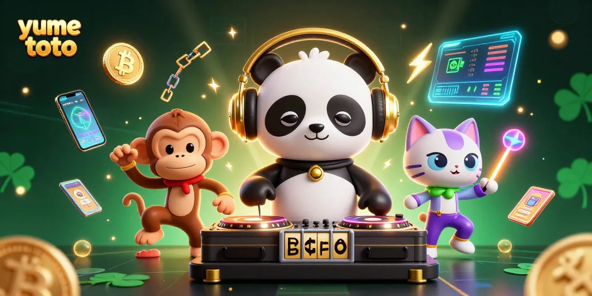 Yume toto menampilkan DJ panda 3D yang memainkan mesin slot, dengan elemen kasino yang menarik