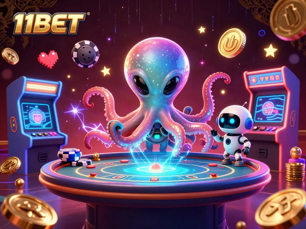 Engage in thrilling poker action with 11BET's alien octopus and robot duo in a vibrant casino