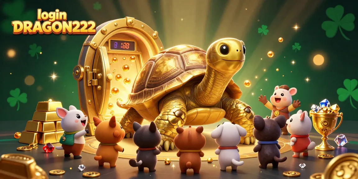 Play thrilling Mahjong Ways at login DRAGON222 with exciting golden tortoise and treasure illustrations.