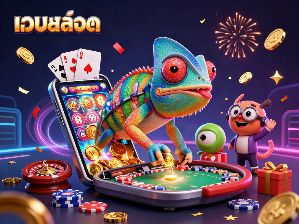 Engage with the vibrant เว็บสล็อต experience featuring a chameleon casino owner and thrilling game elements.