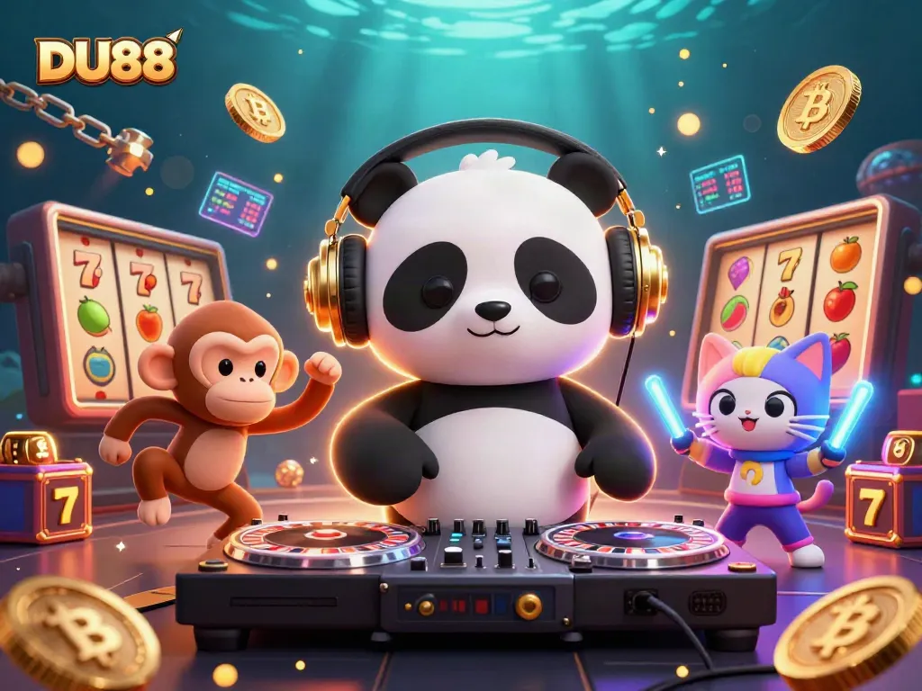 Play and win with DU88 in a lively online casino scene featuring festive characters and vibrant gambling elements.