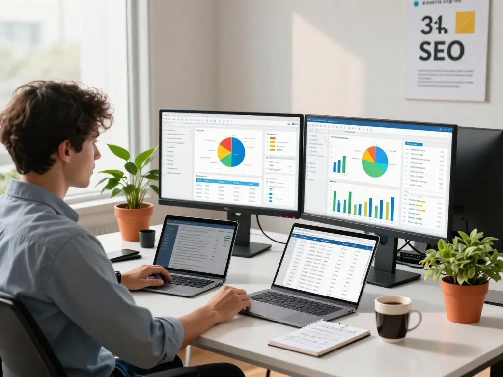 Analyzing SEO Reports in a modern digital marketing office, showcasing data and analytics.