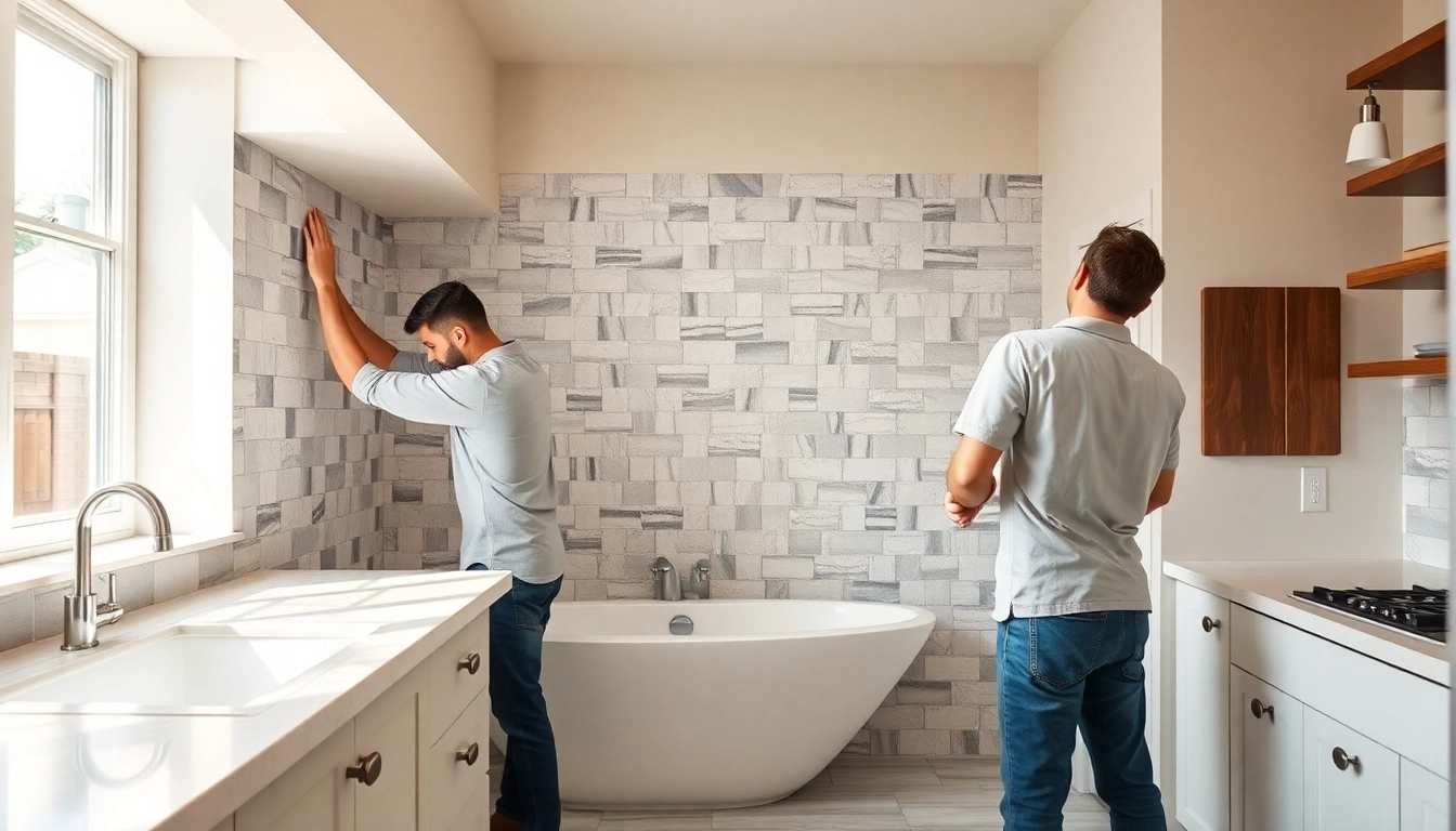 Skilled bathroom remodelers installing tiles and measuring in a renovated bathroom space.