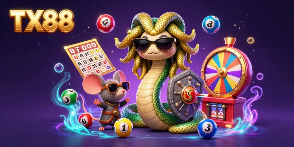 Experience the excitement of TX88's games as Medusa and her friends interact with lively casino elements.