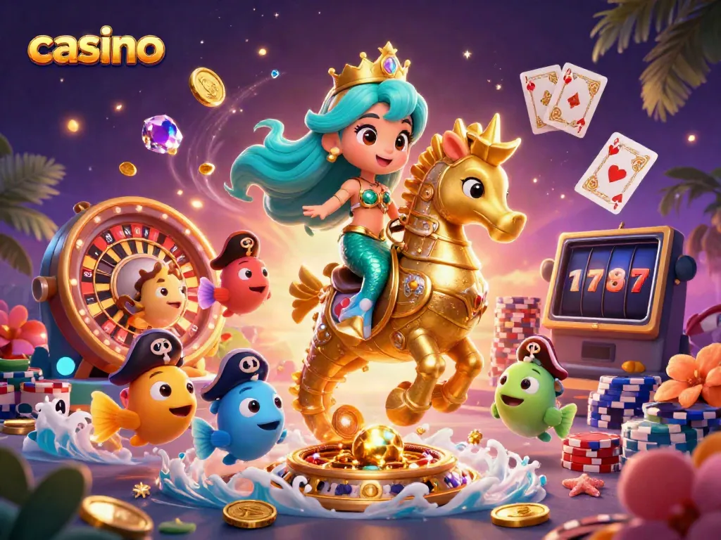 Experience the thrill of the casino with a vibrant 3D scene featuring a mermaid princess and seahorse, surrounded by gaming elements.