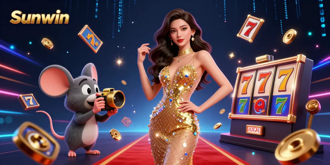Win big with Sunwin in this vibrant casino scene featuring exciting slot games and dynamic elements.