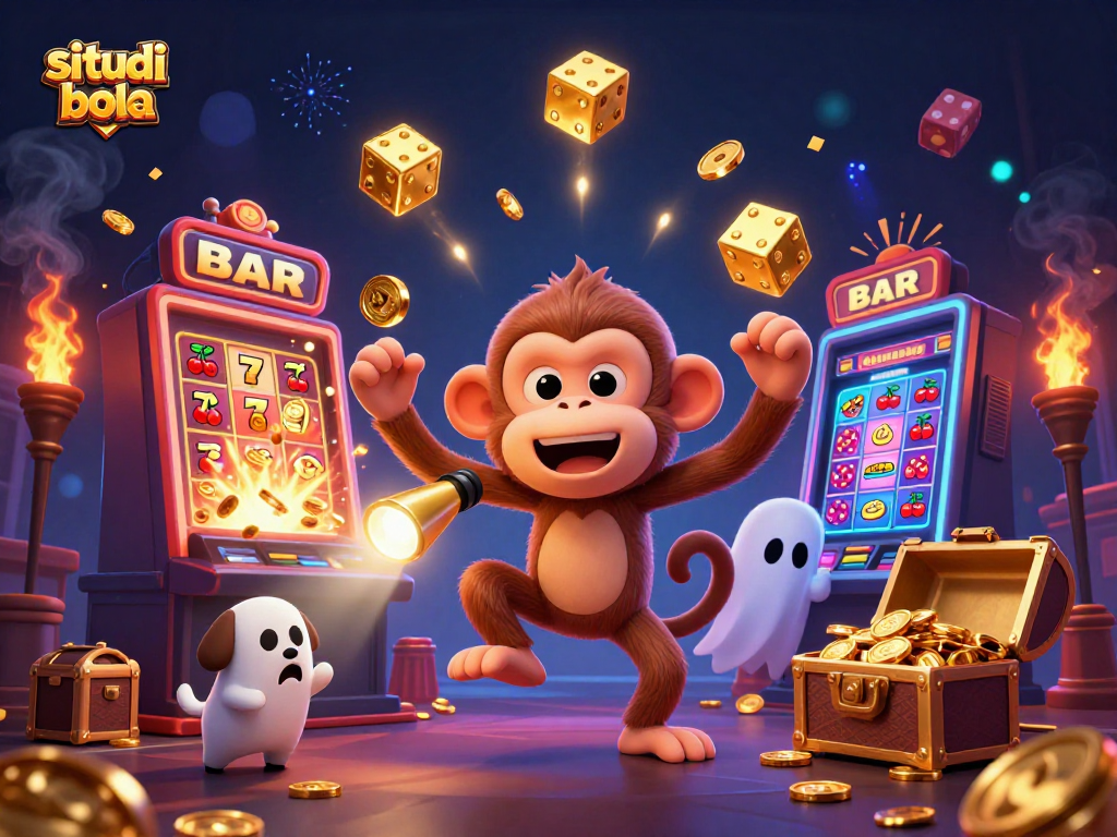 Engage with exciting situs judi bola action in a haunted casino scene with a whimsical monkey and puppy.