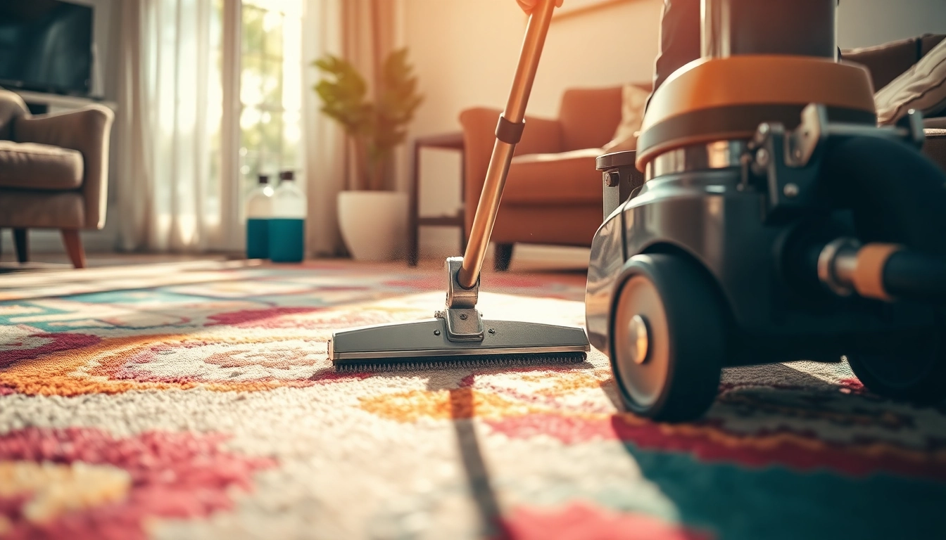 Find the best carpet cleaners near me actively cleaning carpets in a cozy living room.