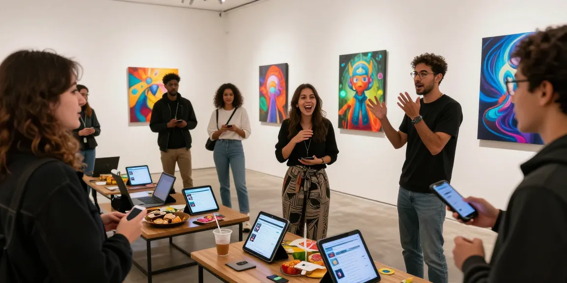Participants enjoying a smash or pass game with AI-generated art in a lively gallery setting.