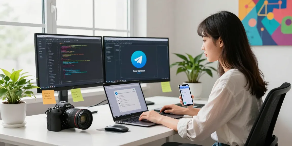 Workspace featuring a woman using a laptop showcasing 纸飞机中文版, surrounded by tech gadgets and bright natural light.