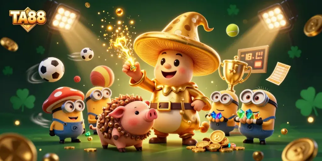 TA88 shows a wizard turning treasures into gold in a dynamic sports betting scene.