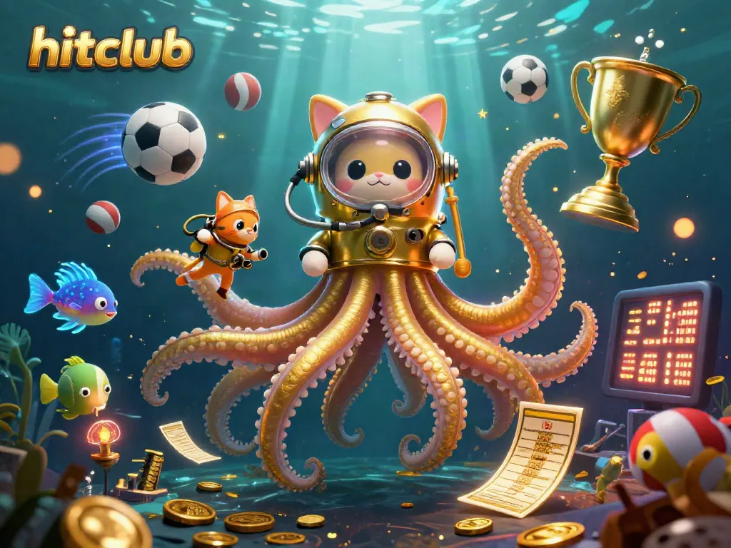 Hitclub engages players with a vibrant underwater scene featuring a kraken, diving cat, and lively sports elements.