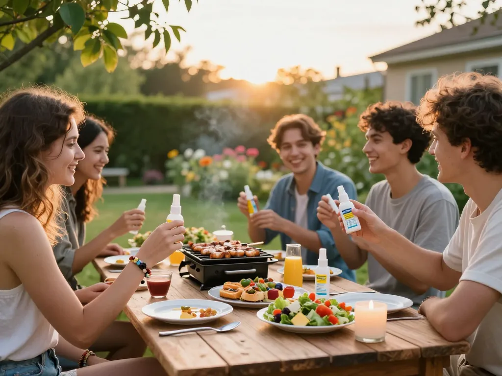 Group applying mosquito repellent while enjoying a summer barbecue in a lush garden