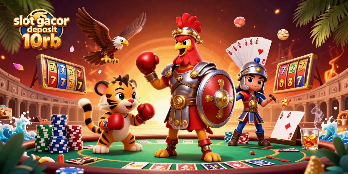 Engage in exciting gameplay with slot gacor deposit 10rb, featuring a rooster gladiator and dynamic casino elements.