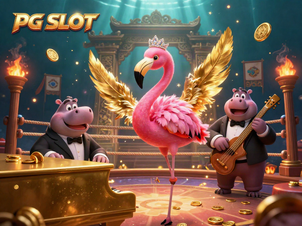 Engage with PG SLOT's vibrant gaming atmosphere featuring a flamingo singer and hippo bassist in a colorful casino.