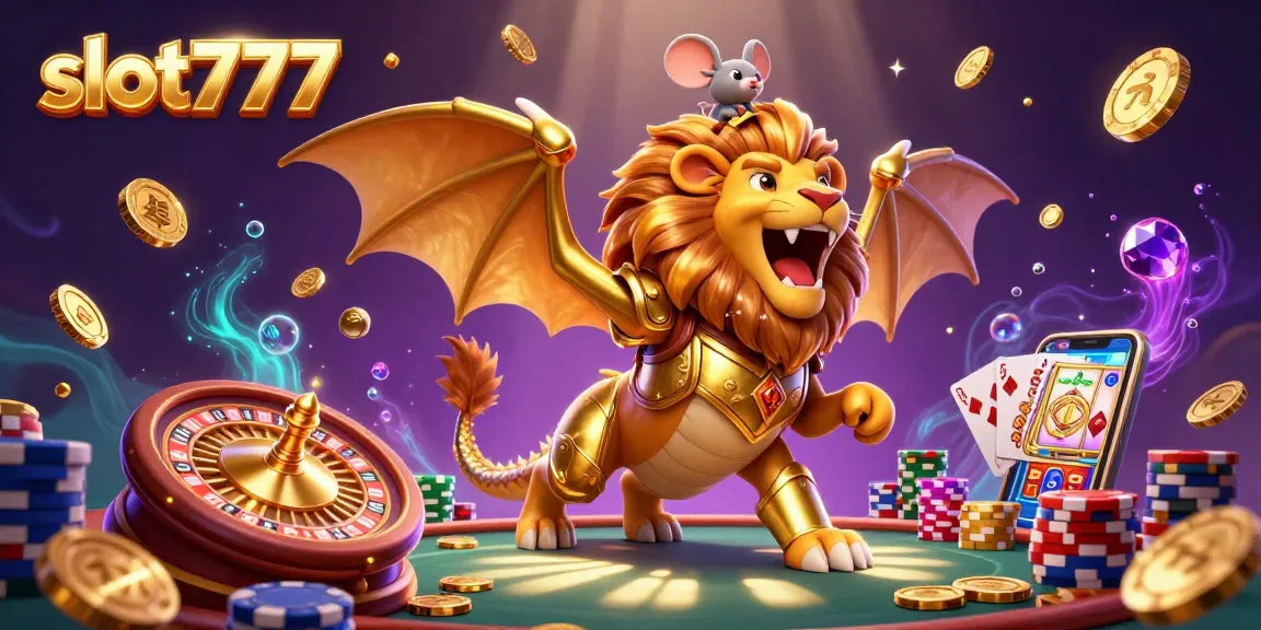 Experience the thrill of slot777 with vibrant casino elements and a triumphant chimera in a magical setting.