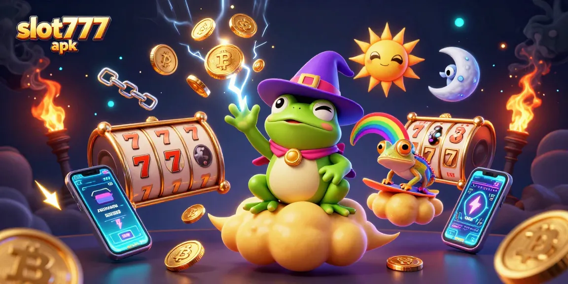 Experience thrilling gameplay with slot777 apk as a wizard frog conjures golden coins and a chameleon rides a cloud in a vibrant casino scene.