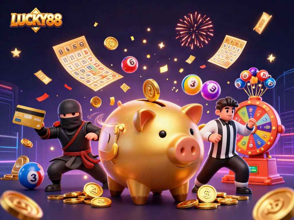 LUCKY88 unleashes a thrilling gaming experience with vibrant characters and dynamic lottery elements.