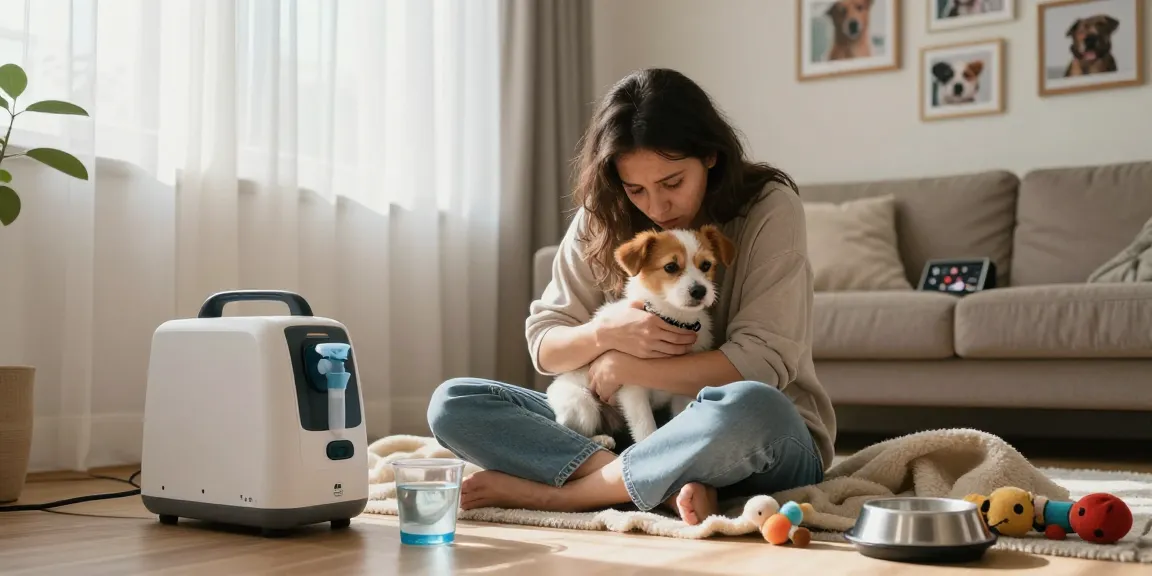 Pet owner using an oxygen concentrator for their dog, learn more here about pet oxygen therapy.