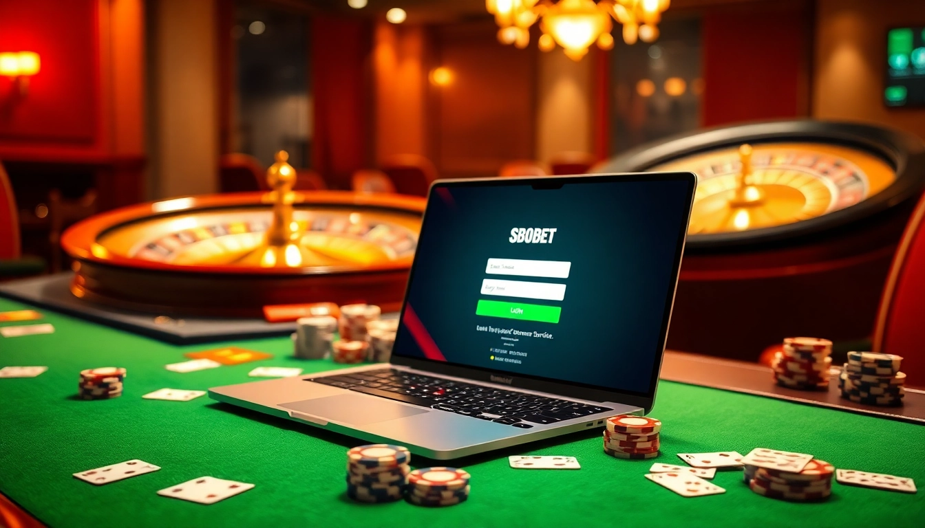 Experience Sbobet login with a vibrant online casino scene featuring poker chips and a roulette wheel.