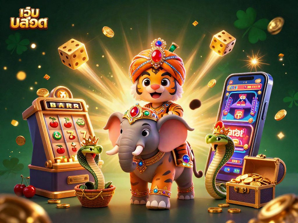 Experience thrill with เว็บสล็อต as a maharaja tiger, elephant, and winning symbols light up the scene.