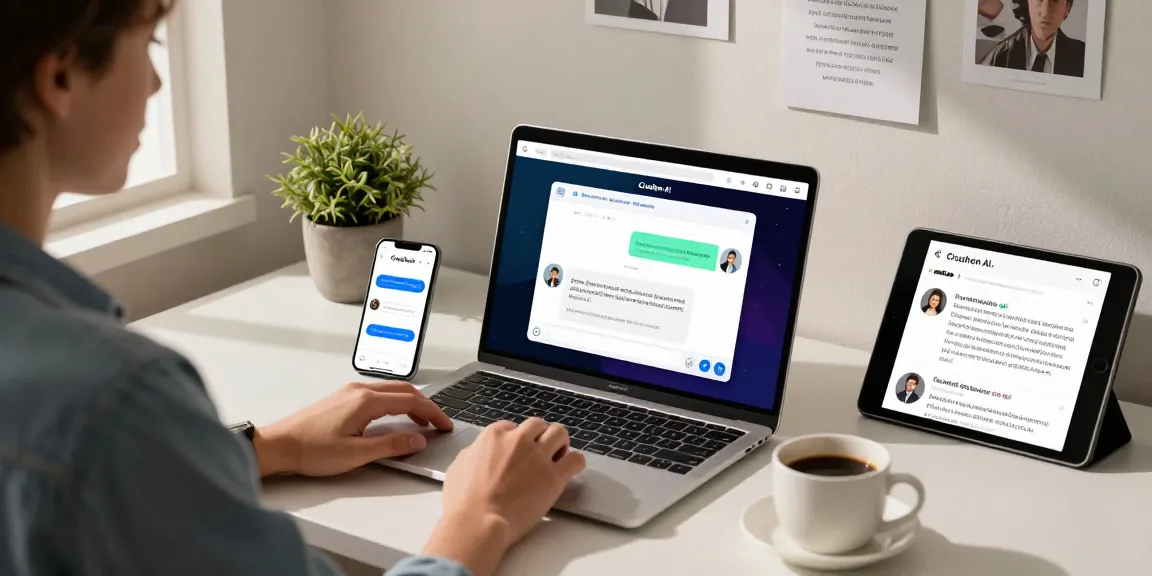 Dynamic home office scene featuring Crushon AI chat interface and character interactions, creating a welcoming digital engagement atmosphere.