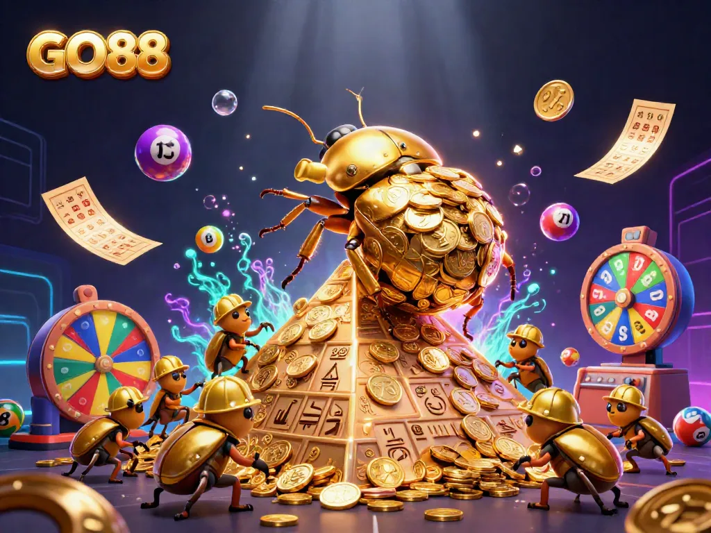 Engage in exciting gameplay with GO88, featuring a golden beetle rolling coins amid vibrant lottery elements.