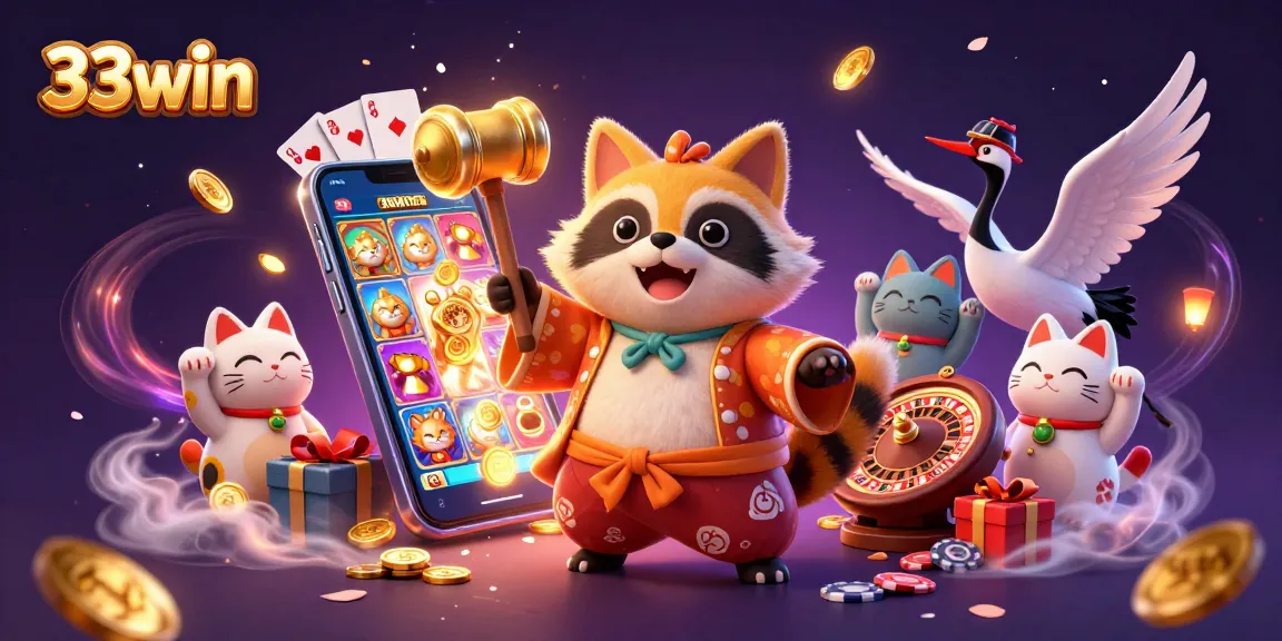 33win's vibrant 3D illustration showcases a festive tanuki and friends amidst an exciting gaming atmosphere.