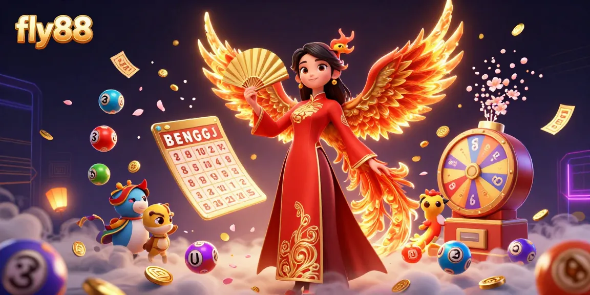 Experience gaming excitement with fly88 in this vibrant 3D casino scene featuring lottery elements and a graceful ao dai dancer.