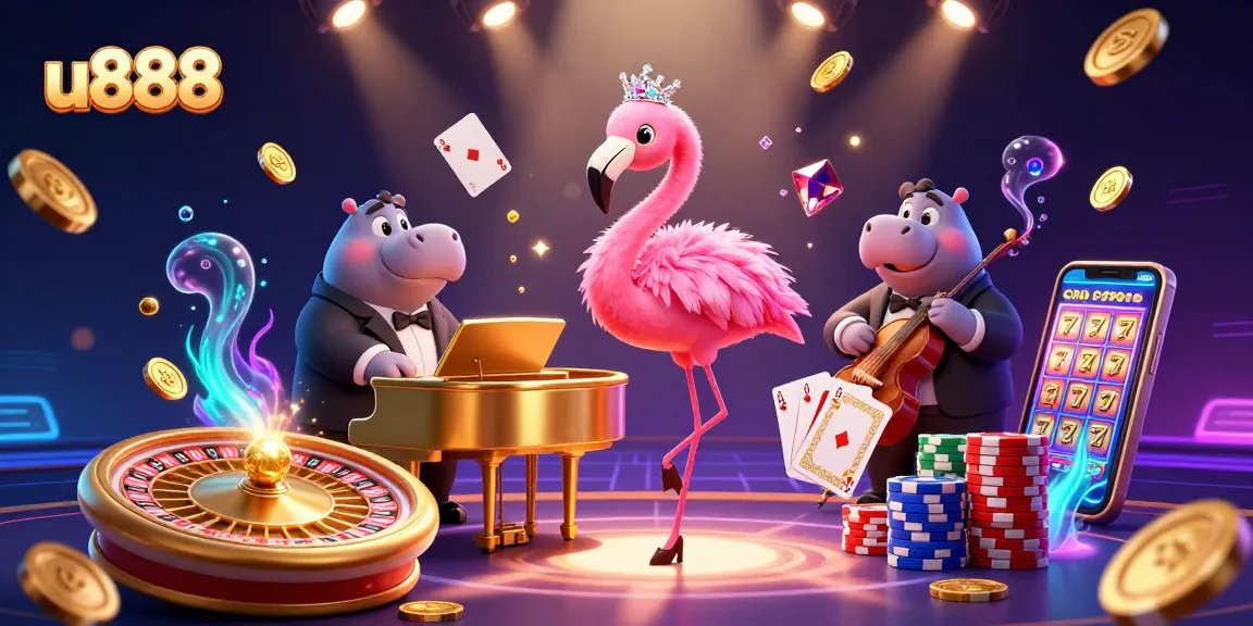 Experience thrilling wins at u888's casino with vibrant illustrations of lively characters and gaming elements.