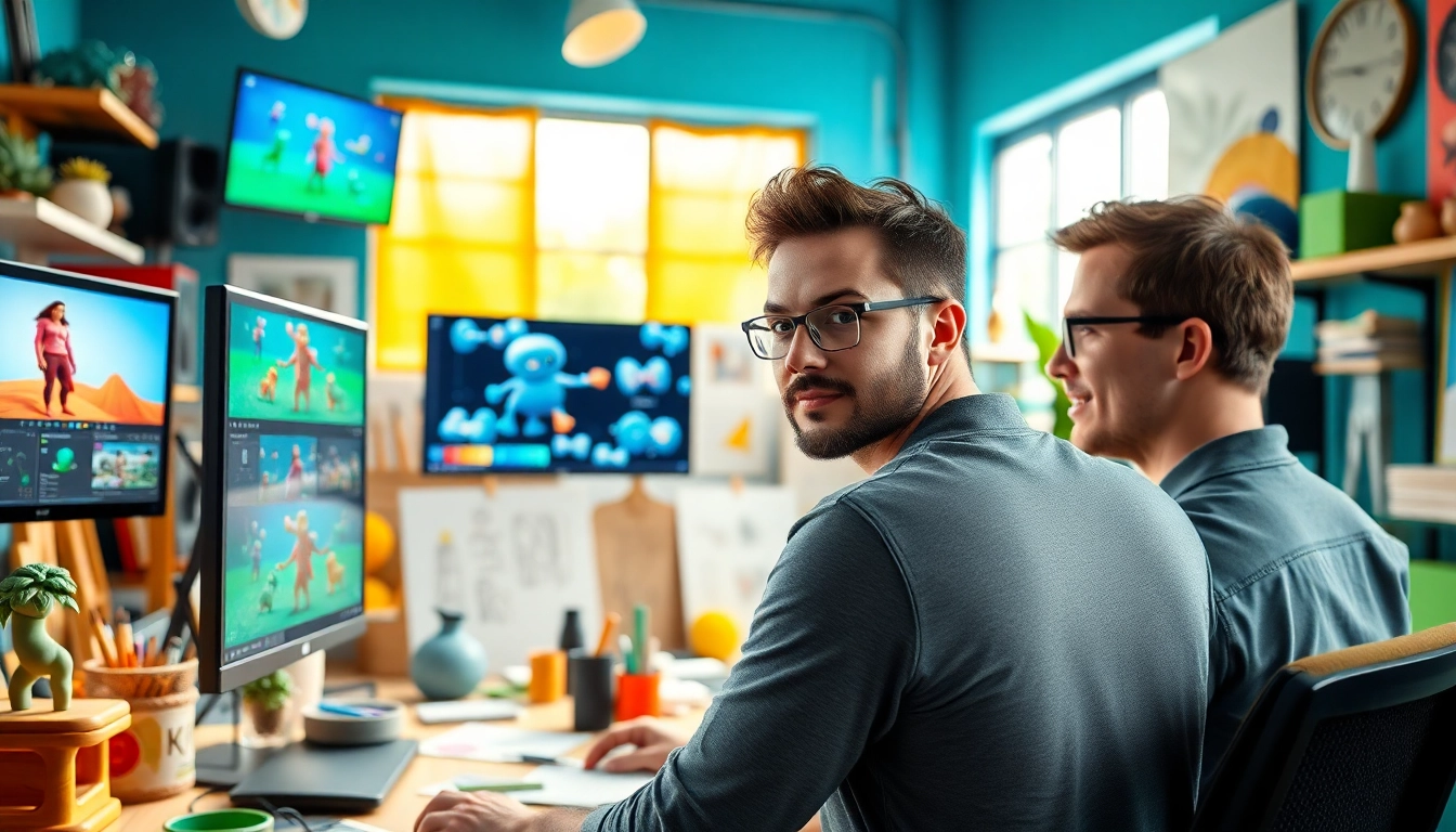 3D Animation process showcased by an animator in a bright studio with colorful models.